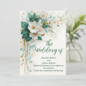 エレガントなウェディンググリーン ホワイト ゴールド フラワーズ 招待状 (スタンド正面)