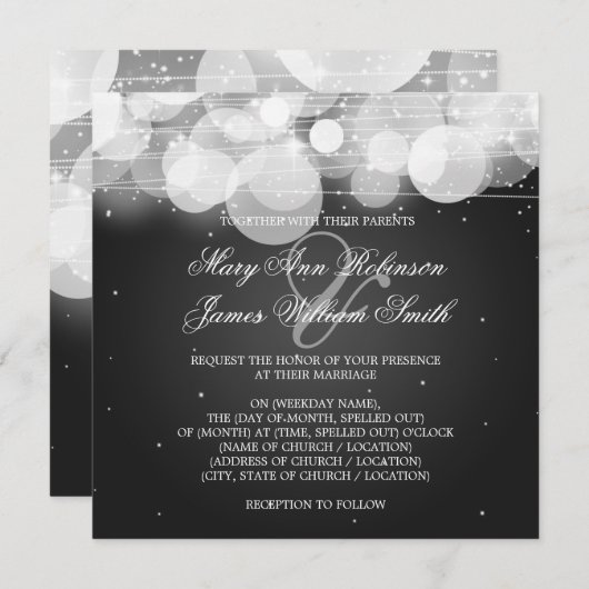 エレガントなウェディンググロー&スパークルブラック 招待状 (正面/裏面)