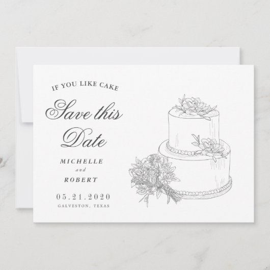 エレガントなウェディングケーキ写真の日付を保存 招待状 (正面)
