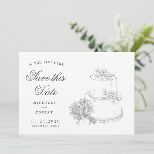 エレガントなウェディングケーキ写真の日付を保存 招待状 (スタンド正面)