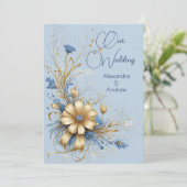 エレガントなウェディングコーンフラワーブルー金ゴールド花 招待状 (スタンド正面)