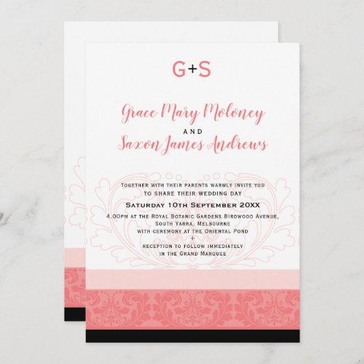 エレガントなウェディングサンゴが繁栄した詳細モノグラム 招待状 (正面/裏面)