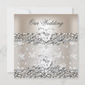 エレガントなウェディングシルバークリームダイヤモンドハート 招待状 (正面)