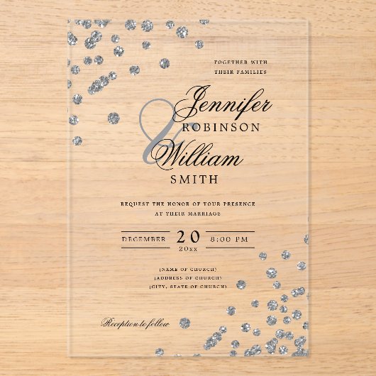 エレガントなウェディングシルバーグリッター紙吹雪をテーマ アクリル招待状 (正面)