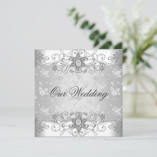 エレガントなウェディングシルバーホワイトダイヤモンドジュエルレース 招待状 (スタンド正面)