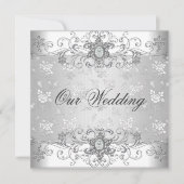 エレガントなウェディングシルバーホワイトダイヤモンドジュエルレース 招待状 (正面)