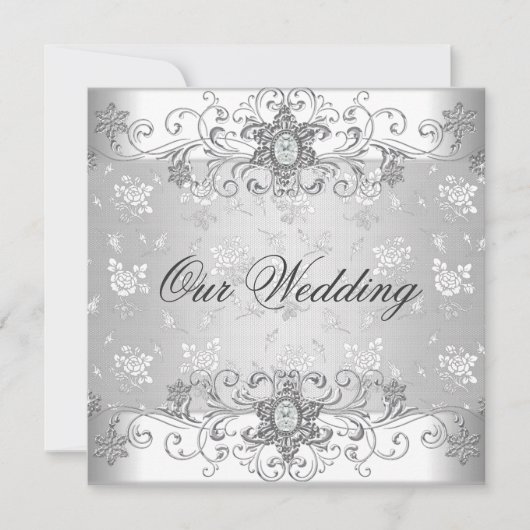 エレガントなウェディングシルバーホワイトダイヤモンドジュエルレース 招待状 (正面)