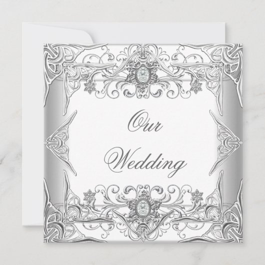 エレガントなウェディングシルバーホワイトダイヤモンドジュエル 招待状 (正面)