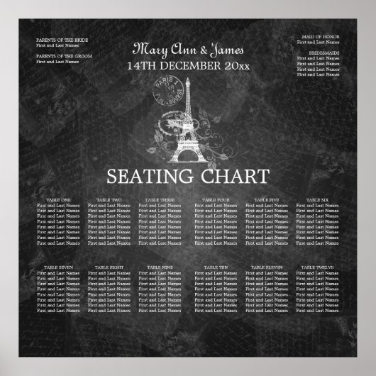 エレガントなウェディングシーティングチャートパリブラック ポスター (正面)