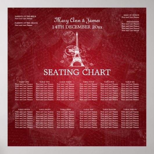 エレガントなウェディングシーティングチャートパリレッド ポスター (正面)