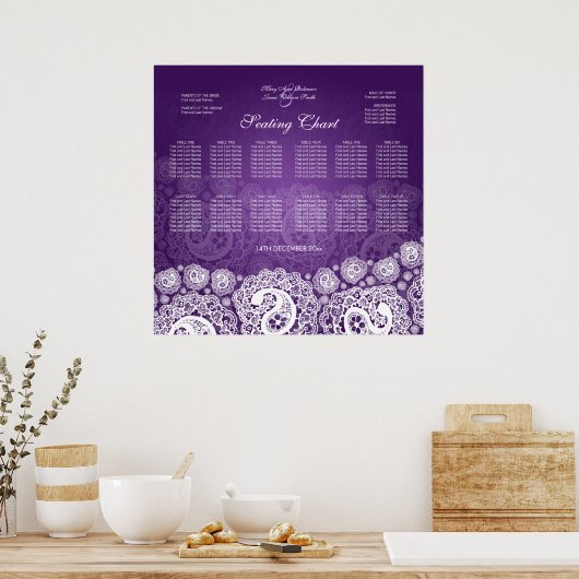 エレガントなウェディングシーティングチャートペイズリーレースパープル ポスター (キッチン)