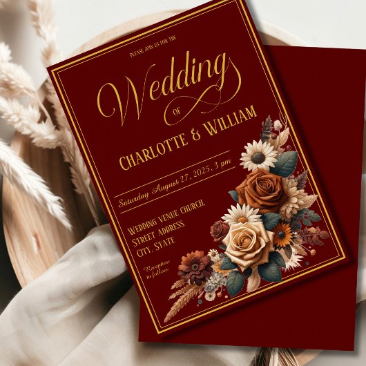 エレガントなウェディングスクリプトブラウンフローラ 招待状