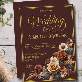 エレガントなウェディングスクリプトブラウンフローラ 招待状