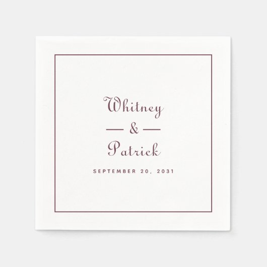 エレガントなウェディングスクリプトミニマリストブルゴーニュ&ホワイト スタンダードカクテルナプキン (正面)