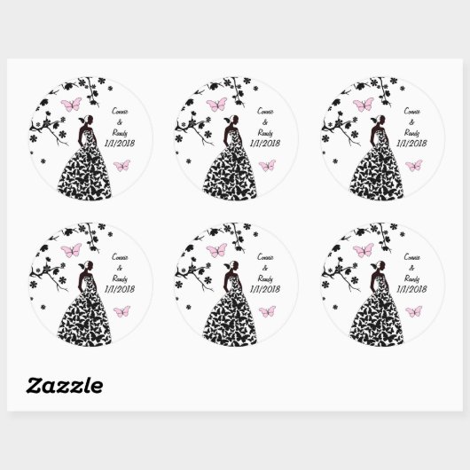 エレガントなウェディングステッカー花嫁が蝶を作った ラウンドシール (シート)