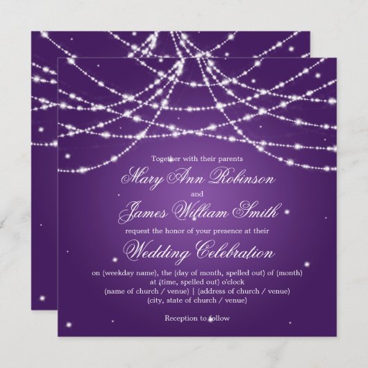 エレガントなウェディングスパーキングストリングパープル 招待状 (正面/裏面)