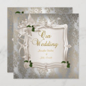 エレガントなウェディングセピアホワイトローズシルバー 招待状 (正面/裏面)