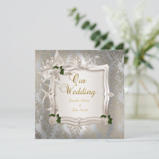 エレガントなウェディングセピアホワイトローズシルバー 招待状 (スタンド正面)