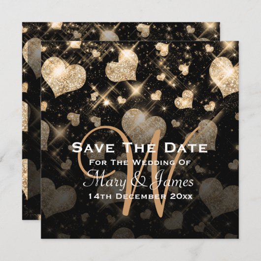 エレガントなウェディングセーブ日付グリッターハート金ゴールド セーブザデート (正面/裏面)