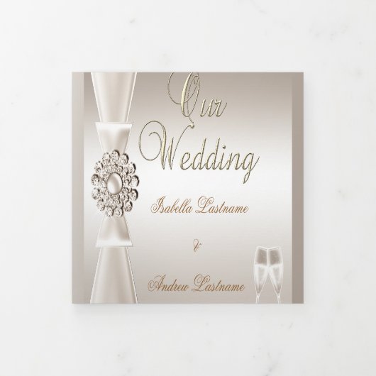 エレガントなウェディングダマスククリームホワイトシャンパン3 三つ折り招待状 (カバー)