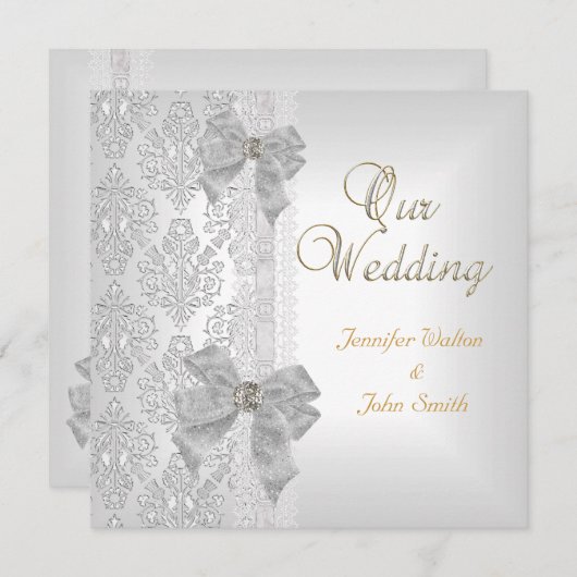 エレガントなウェディングダマスクシルバーホワイトボウセット 招待状 (正面/裏面)