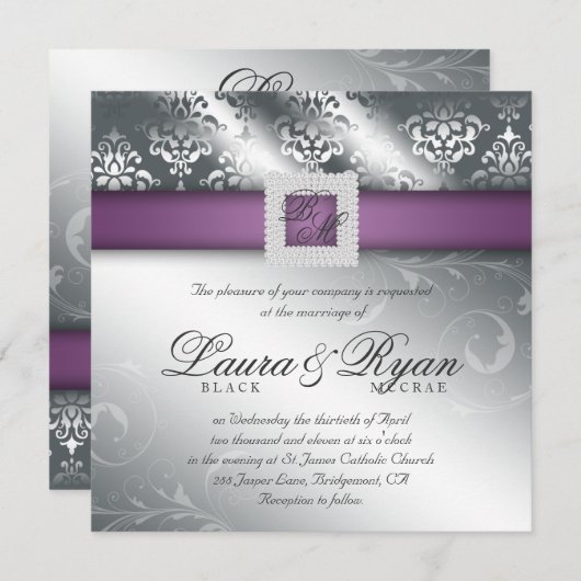 エレガントなウェディングダマスクジュエルパープルシルバー 招待状 (正面/裏面)