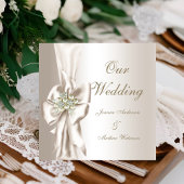 エレガントなウェディングダマスクパールクリームホワイトボウ 招待状