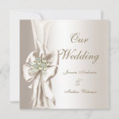 エレガントなウェディングダマスクパールクリームホワイトボウ 招待状 (正面)