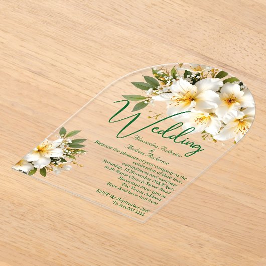 エレガントなウェディングツツツツツジ白い黄色の花 アクリル招待状 (レイダウン)