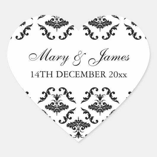 エレガントなウェディングデイトブラックダマスク ハートシール (正面)