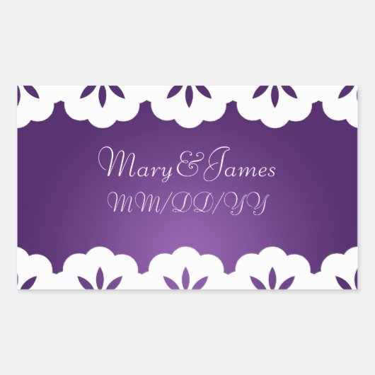 エレガントなウェディングデイトホワイトレースパープル 長方形シール (正面)