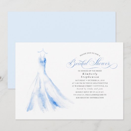 エレガントなウェディングドレスダスティブルーブライダルシャワー 招待状 (正面/裏面)