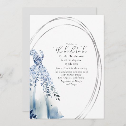 エレガントなウェディングドレス、シルバーフレームブライダルシャワー セーブザデート (正面/裏面)