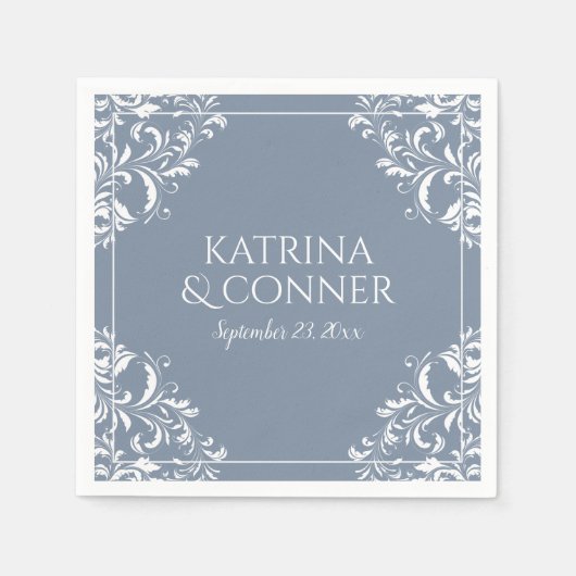 エレガントなウェディングナプキン |ナディネ（ほこりっぽい青） スタンダードカクテルナプキン (正面)