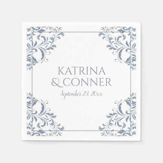 エレガントなウェディングナプキン |ナディーン（ほこりっぽい青） 2 スタンダードカクテルナプキン (正面)