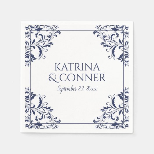 エレガントなウェディングナプキン |ナディーン（ネイビーブルー） 2 スタンダードカクテルナプキン (正面)