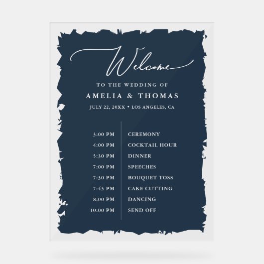 エレガントなウェディングネイビーブルーウェルカムとタイムライン アクリルサイン (正面)