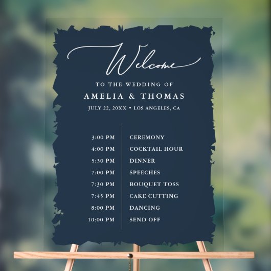 エレガントなウェディングネイビーブルーウェルカムとタイムライン アクリルサイン (ニュートラル)