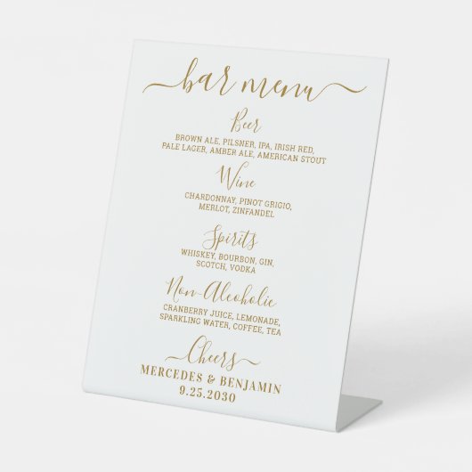 エレガントなウェディングバーパーソナライズされた金ゴールドドリンク 台座サイン (正面)