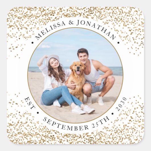 エレガントなウェディングパーソナライズされた金ゴールドグリッター写真 スクエアシール (正面)