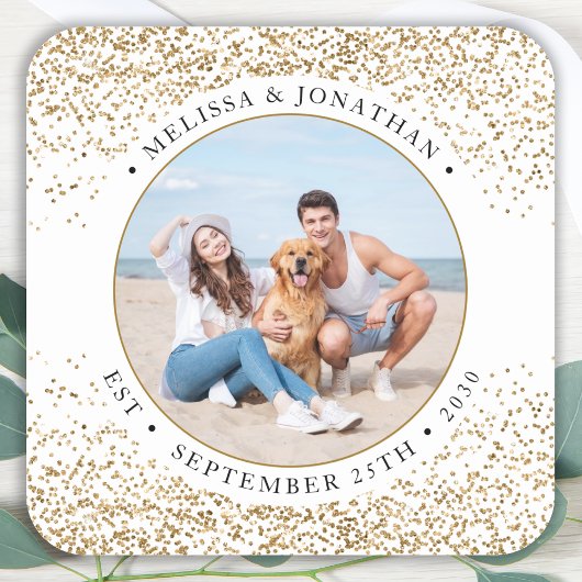 エレガントなウェディングパーソナライズされた金ゴールドグリッター写真 スクエアシール