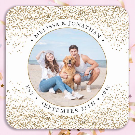 エレガントなウェディングパーソナライズされた金ゴールドグリッター写真 スクエアペーパーコースター