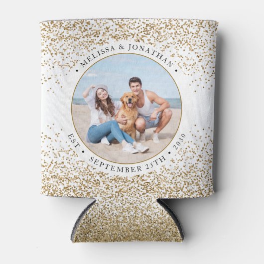 エレガントなウェディングパーソナライズされた金ゴールドグリッター写真 缶クーラー (正面)