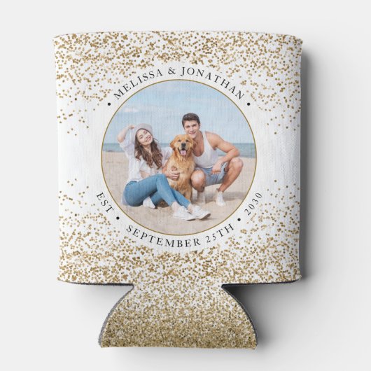 エレガントなウェディングパーソナライズされた金ゴールドグリッター写真 缶クーラー (裏面)