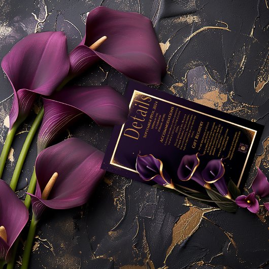 エレガントなウェディングパープルリリーのスクリプト詳細カード 出欠カード