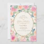 エレガントなウェディングピンクピーチウォーター色のフローラ金ゴールド 招待状 (正面)