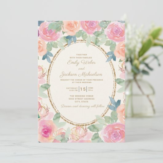 エレガントなウェディングピンクピーチウォーター色のフローラ金ゴールド 招待状 (スタンド正面)