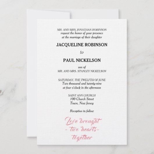 エレガントなウェディングピンクホワイト2ハート 招待状 (正面)