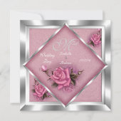 エレガントなウェディングピンクローズシルバーブーケ 招待状 (正面)