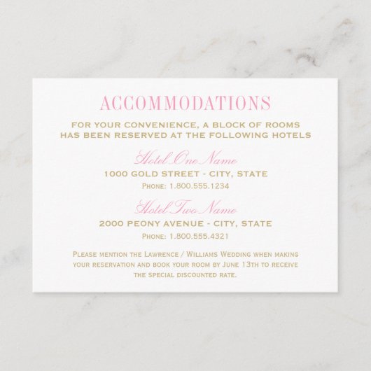 エレガントなウェディングピンク金ゴールド宿泊施設 エンクロージャーカード (正面)